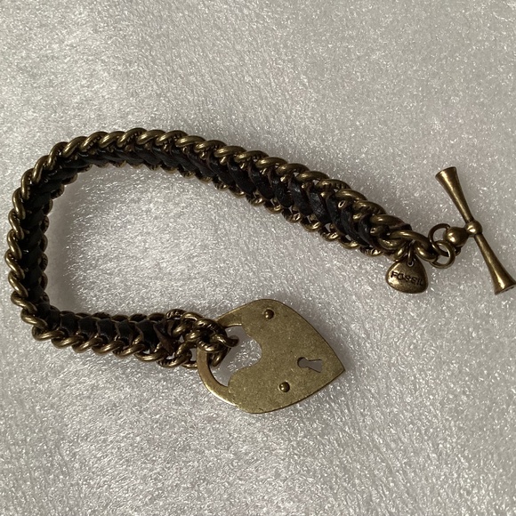 Vintage Fossil Toggle Black Leather/Gold-tone Bracelet - Picture 1 of 10